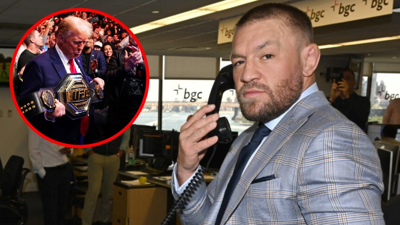 Conor McGregor holds a telephone at a Charity Day, inset Donal Trump holds the UFC heavyweight title at UFC 309
