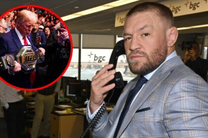 Conor McGregor holds a telephone at a Charity Day, inset Donal Trump holds the UFC heavyweight title at UFC 309