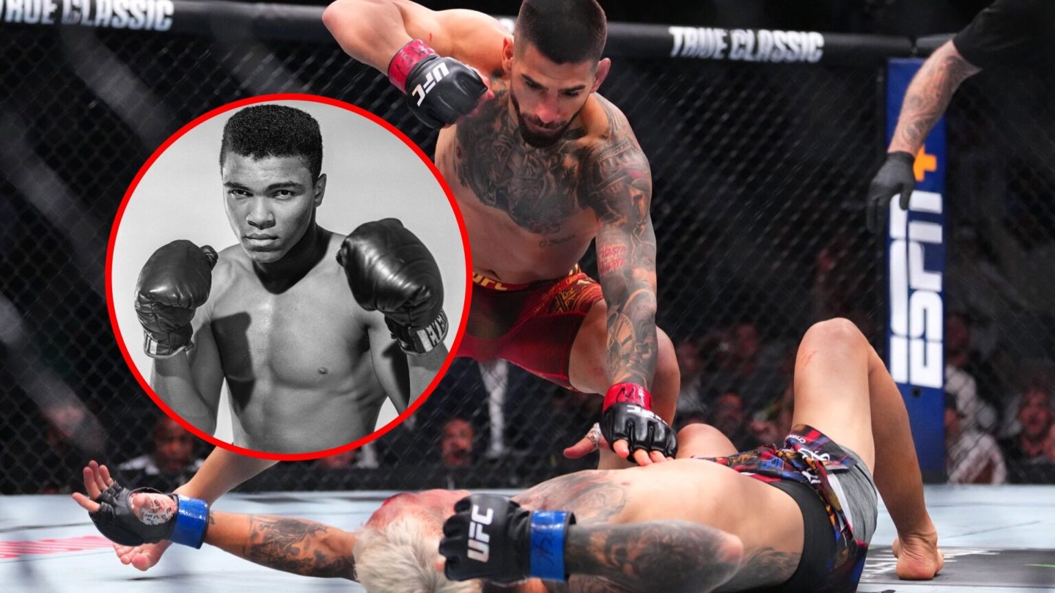 Ilia Topuria knocking out Charles Oliveira at UFC 317, inset of Muhammad Ali