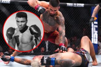 Ilia Topuria knocking out Charles Oliveira at UFC 317, inset of Muhammad Ali