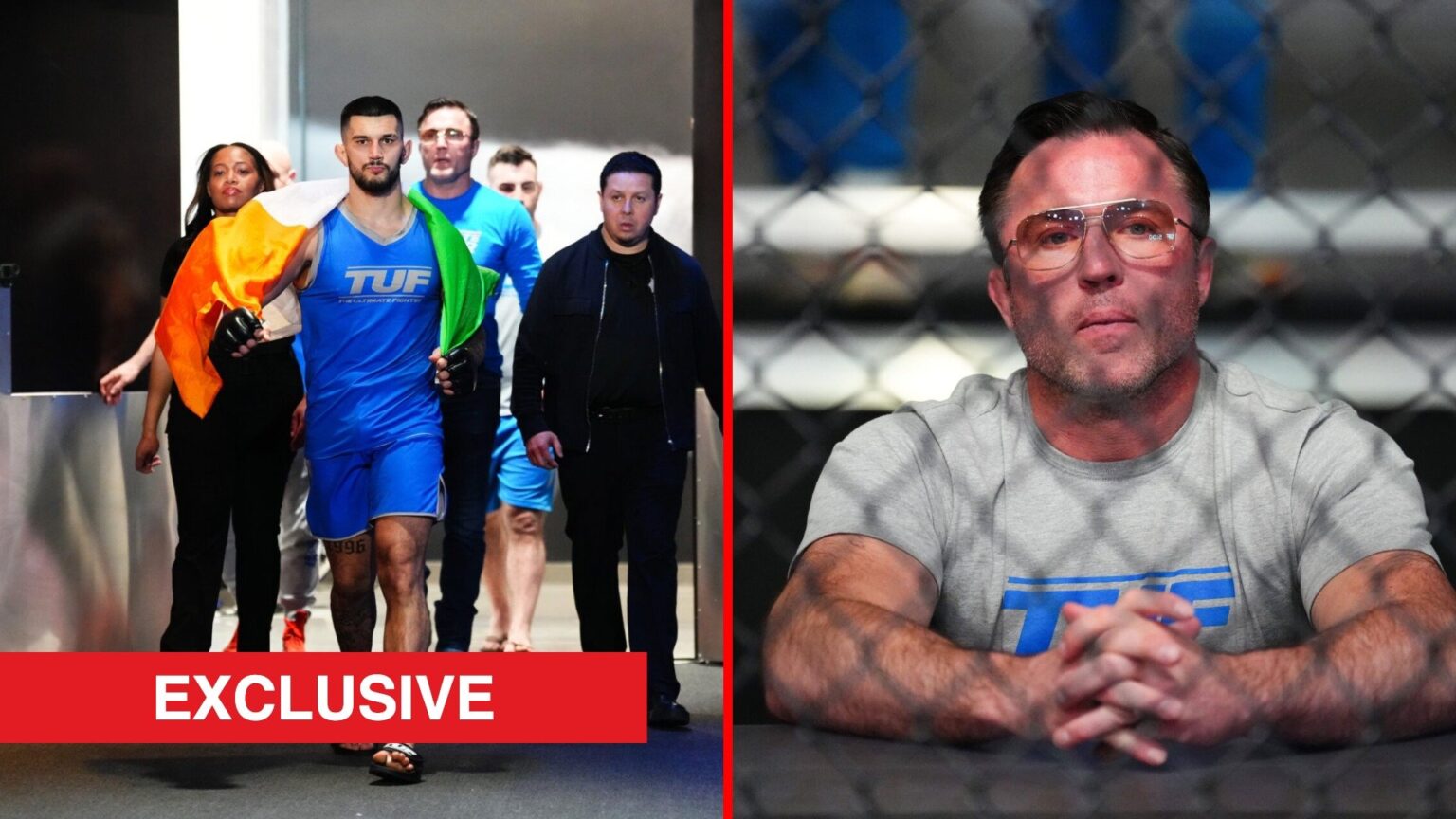 Split image of Andreeas Binder walking out to 'The Ultimate Fighter 33' fight, Chael Sonnen cageside at the UFC Apex
