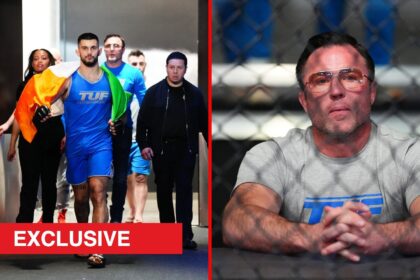 Split image of Andreeas Binder walking out to 'The Ultimate Fighter 33' fight, Chael Sonnen cageside at the UFC Apex