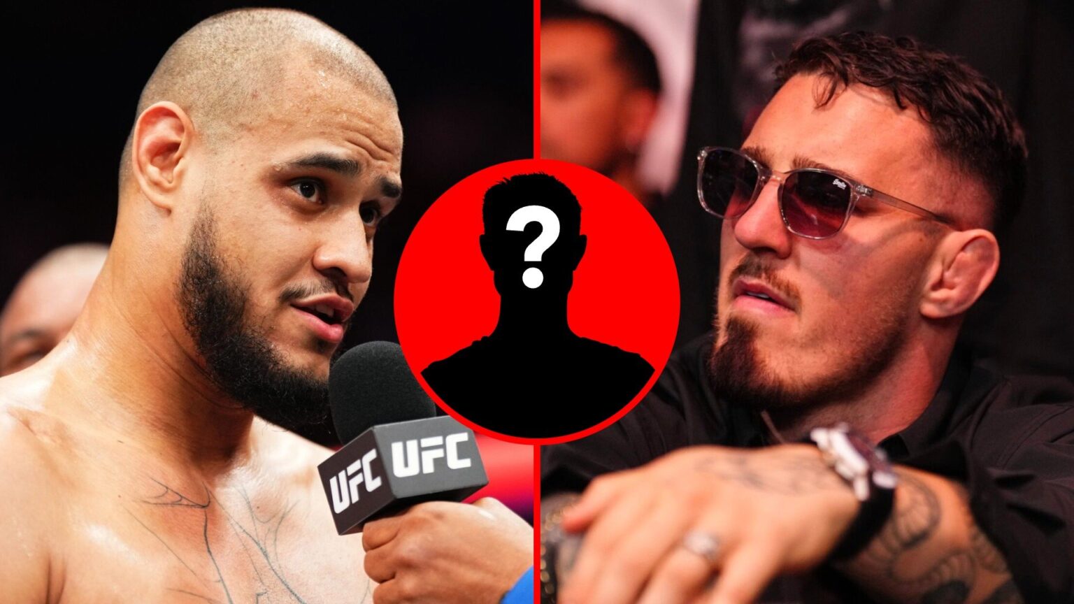 Left: Tallison Teixeira is interviewed after his knockout win over Justin Tafa at UFC 312. Right: Tom Aspinall in attendance at UFC 317. Inset: Mys...
