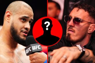 Left: Tallison Teixeira is interviewed after his knockout win over Justin Tafa at UFC 312. Right: Tom Aspinall in attendance at UFC 317. Inset: Mys...