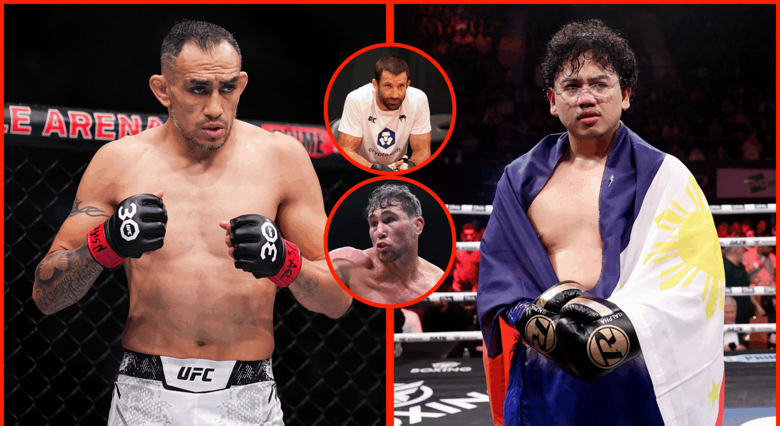 Tony Ferguson in the octagon and Salt Papi celebrating with a Philippines flag in the ring either side. Bubbles show Luke Rockhold (top) and Darren...