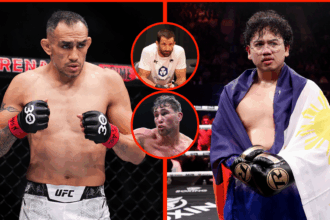 Tony Ferguson in the octagon and Salt Papi celebrating with a Philippines flag in the ring either side. Bubbles show Luke Rockhold (top) and Darren...