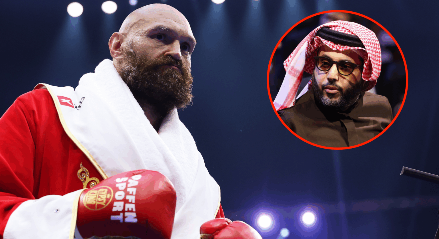 Tyson Fury enters the ring for his rematch with Oleksandr Usyk, inset Turki Alalshikh at an event