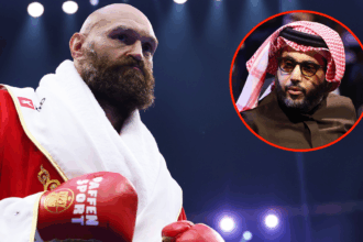 Tyson Fury enters the ring for his rematch with Oleksandr Usyk, inset Turki Alalshikh at an event