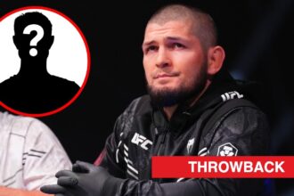 Khabib Nurmagomedov looks on from the corner in Abu Dhabi, inset mystery icon