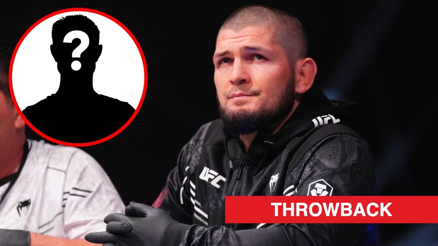 Khabib Nurmagomedov looks on from the corner in Abu Dhabi, inset mystery icon