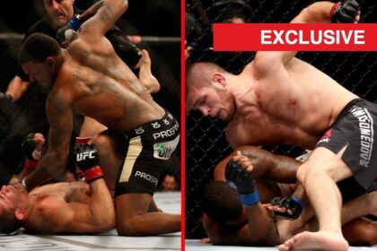 Split image of Michael Johnson punching on Gleison Tibau, and Khabib Nurmagomedov punching Michael Johnson.