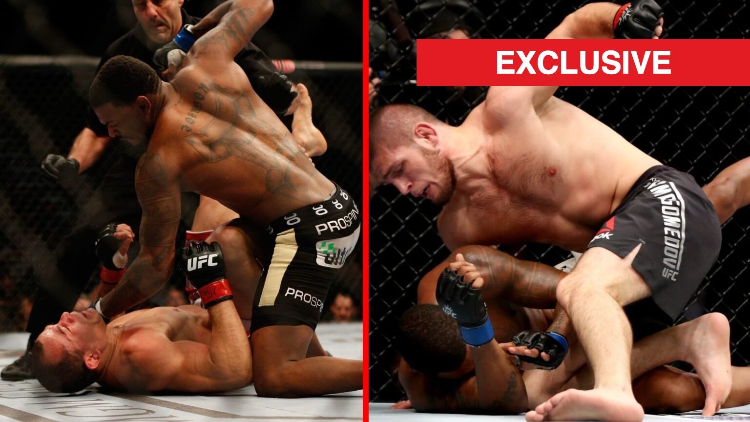 Split image of Michael Johnson punching on Gleison Tibau, and Khabib Nurmagomedov punching Michael Johnson.