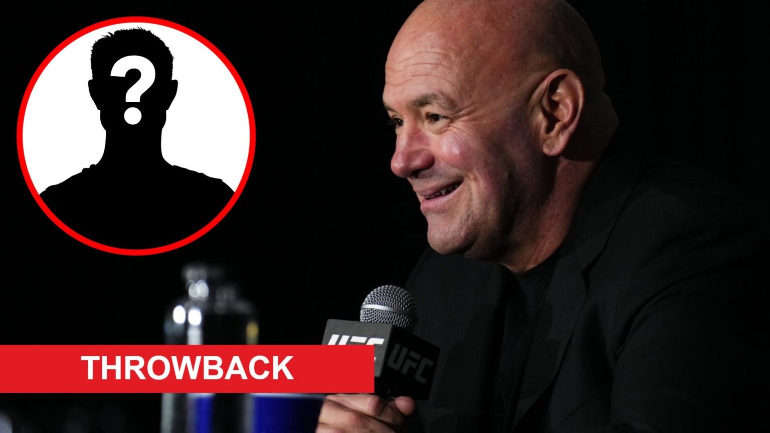 Dana White speaks at the UFC 313 post-fight press conference, inset mystery icon and throwback banner