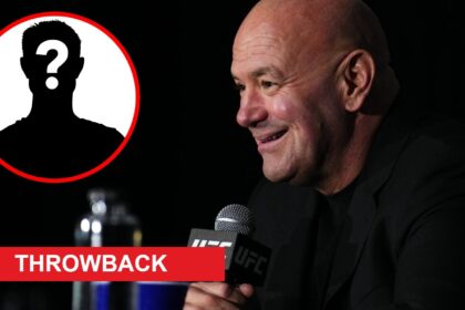 Dana White speaks at the UFC 313 post-fight press conference, inset mystery icon and throwback banner