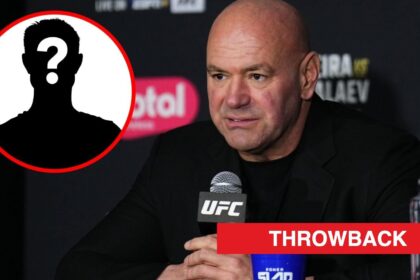 Dana White speaks at the UFC 313 post-fight press conference, inset mystery icon