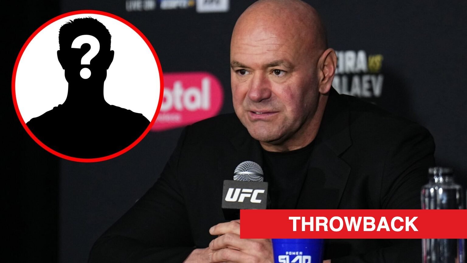 Dana White speaks at the UFC 313 post-fight press conference, inset mystery icon