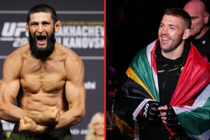 Khamzat Chimaev flexes his muscles at UFC 294 Ceremonial Weigh-In and Dricus du Plessis walks to the Octagon for his main event fight at UFC 312