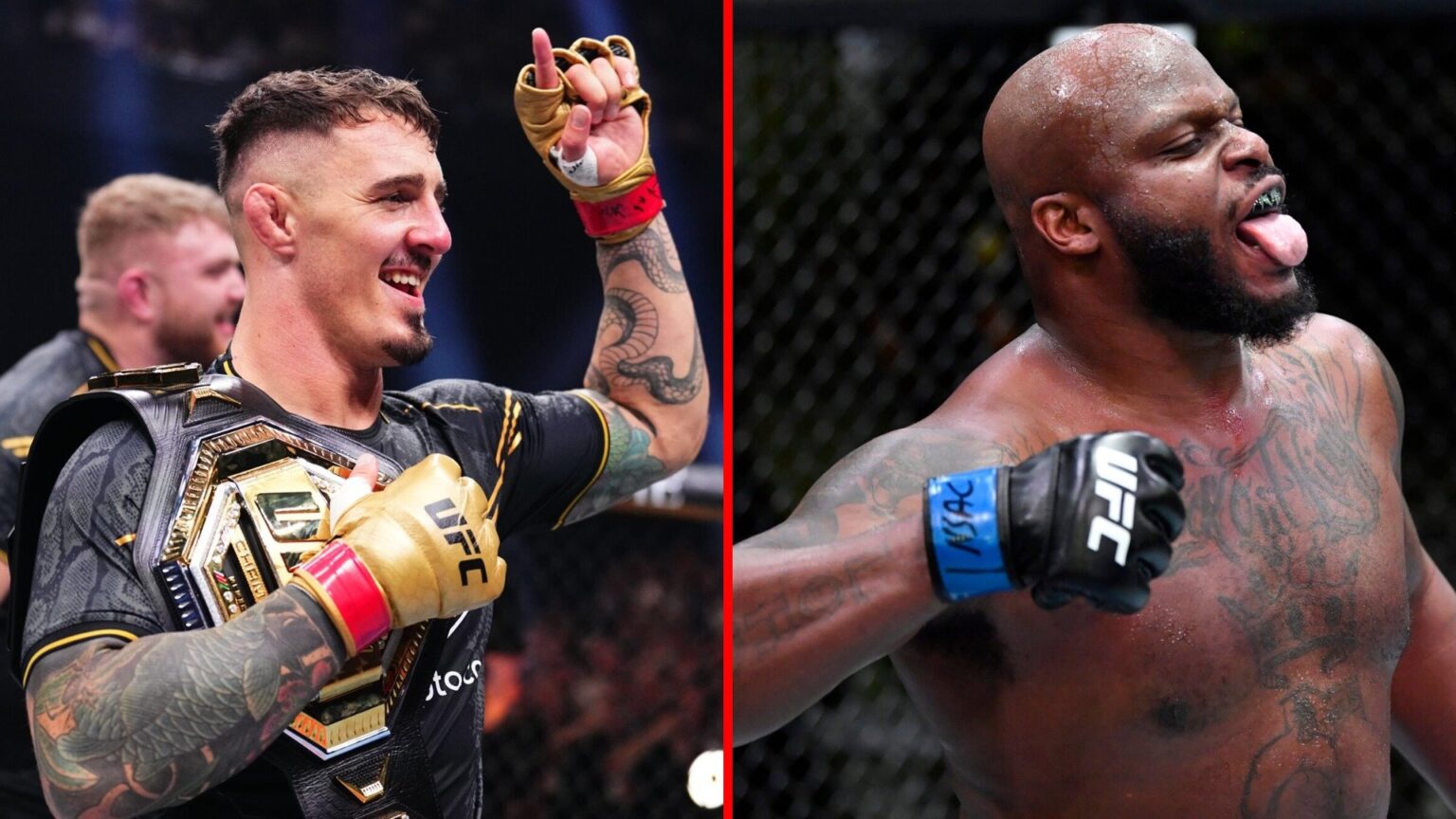 Split image of Tom Aspinall at UFC 304 and Derrick Lewis celebrating UFC KO