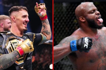 Split image of Tom Aspinall at UFC 304 and Derrick Lewis celebrating UFC KO