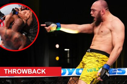 Valter Walker celebrates after submitting Don'Tale Mayes at the UFC Apex, inset Walker submits Mayes with a throwback banner