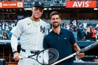 Djokovic delivers his first pitch at Yankee Stadium and poses with Judge Aaron