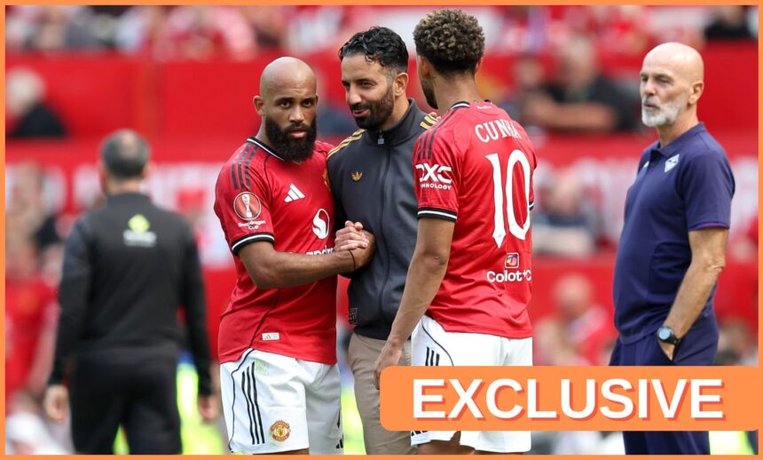 Manchester United head coach Ruben Amorim shakes hands with Bryan Mbeumo.