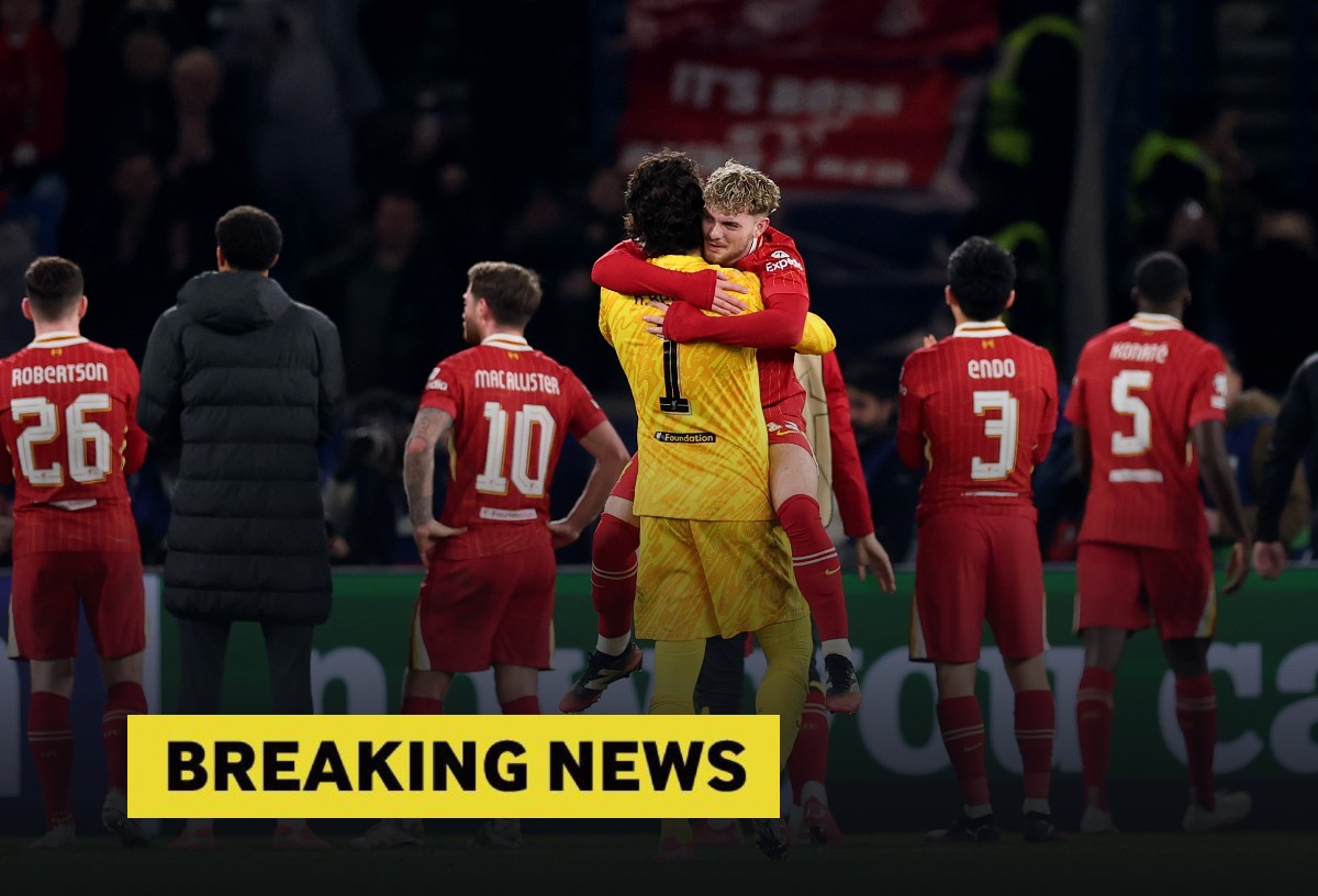Alisson and Harvey Elliott celebrate at the end of Liverpool