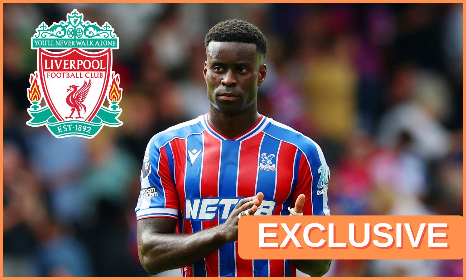 Marc Guehi of Crystal Palace and the Liverpool FC logo