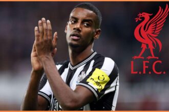Alexander Isak and the Liverpool FC logo