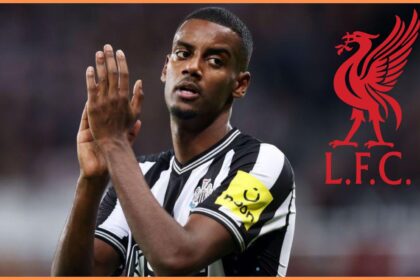 Alexander Isak and the Liverpool FC logo