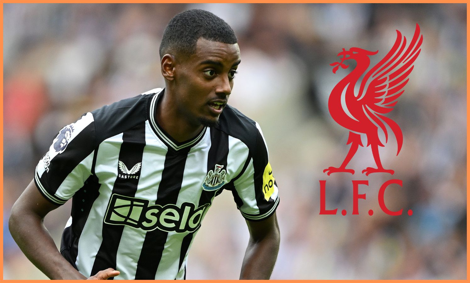 Alexander Isak of Newcastle and the Liverpool FC logo