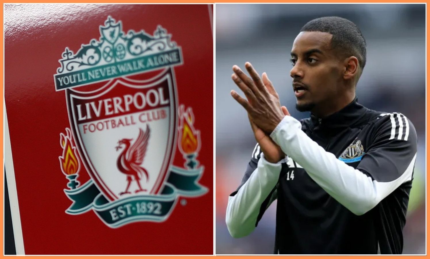 Alexander Isak of Newcastle, and the Liverpool FC logo