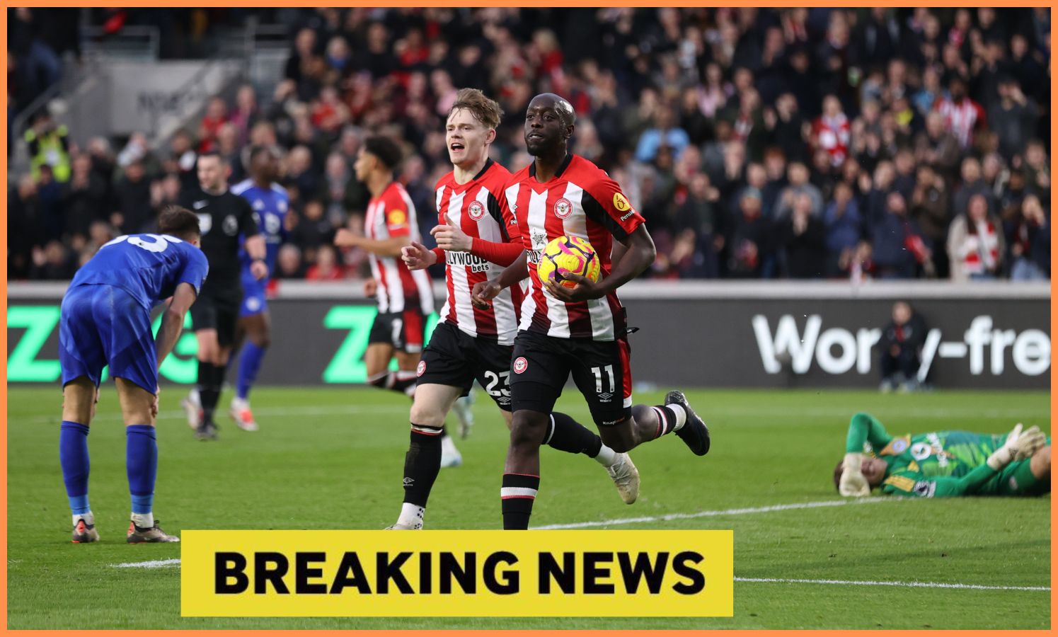 Yoane Wissa celebrates scoring for Brentford, plus yellow