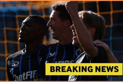 Joel Ordonez celebrates with his Club Brugge teammates