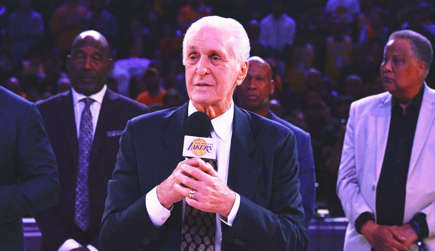 The Lakers announce the statue of former coach Pat Riley before the match against the Celtics