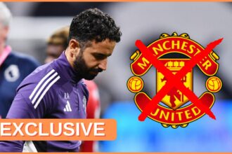Ruben Amorim looks down and dejected next to Manchester United club crest with a cross mark on it
