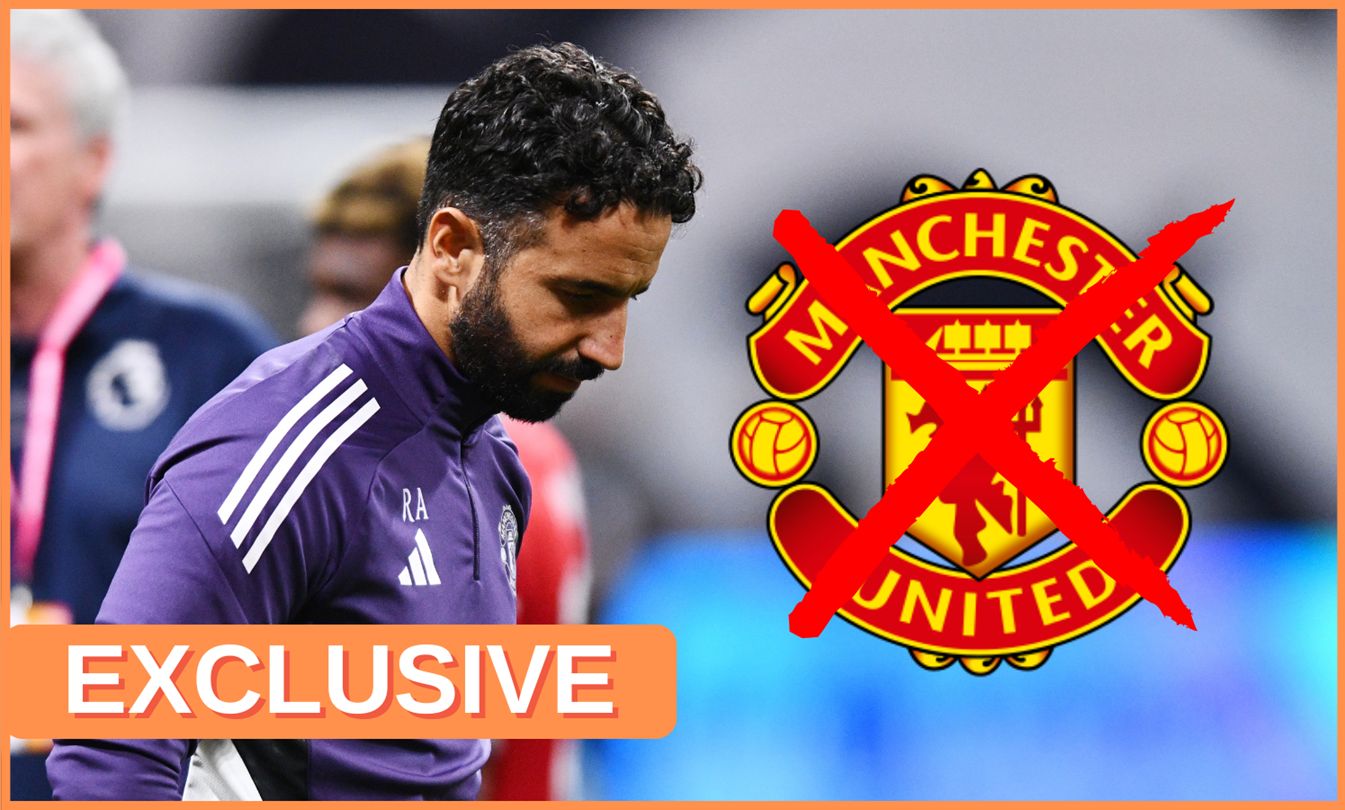 Ruben Amorim looks down and dejected next to Manchester United club crest with a cross mark on it