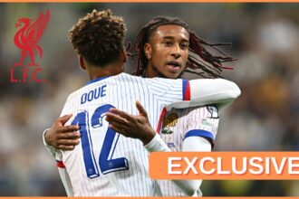 Michael Olise and Desire Doue celebrate