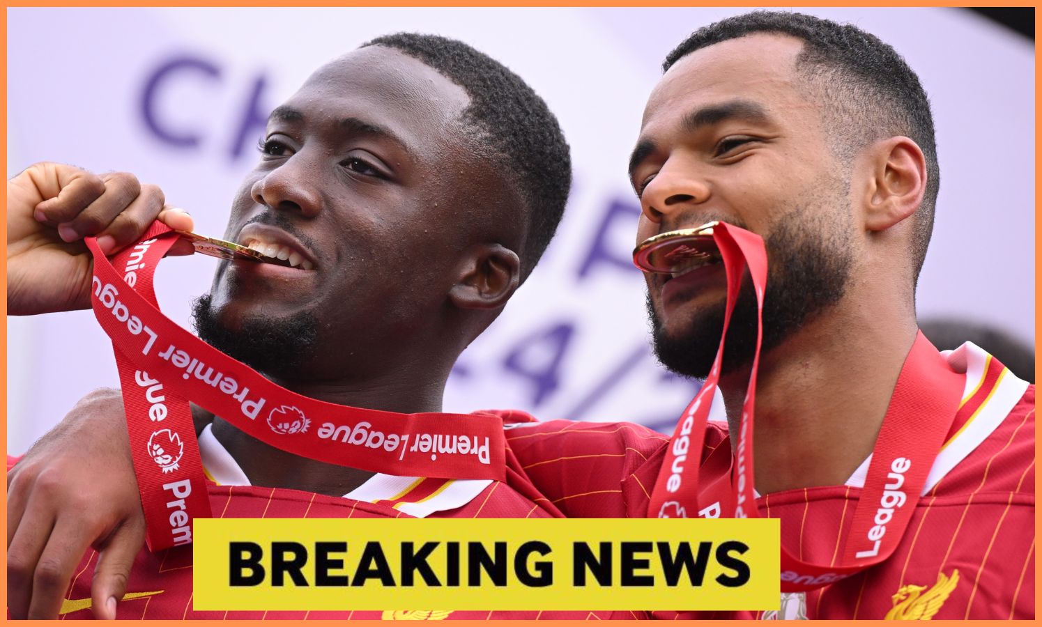 Ibrahima Konate and Cody Gakpo celebrate with their Premier League winners