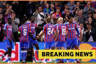 Jean-Philippe Mateta celebrates with his Crystal Palace teammates