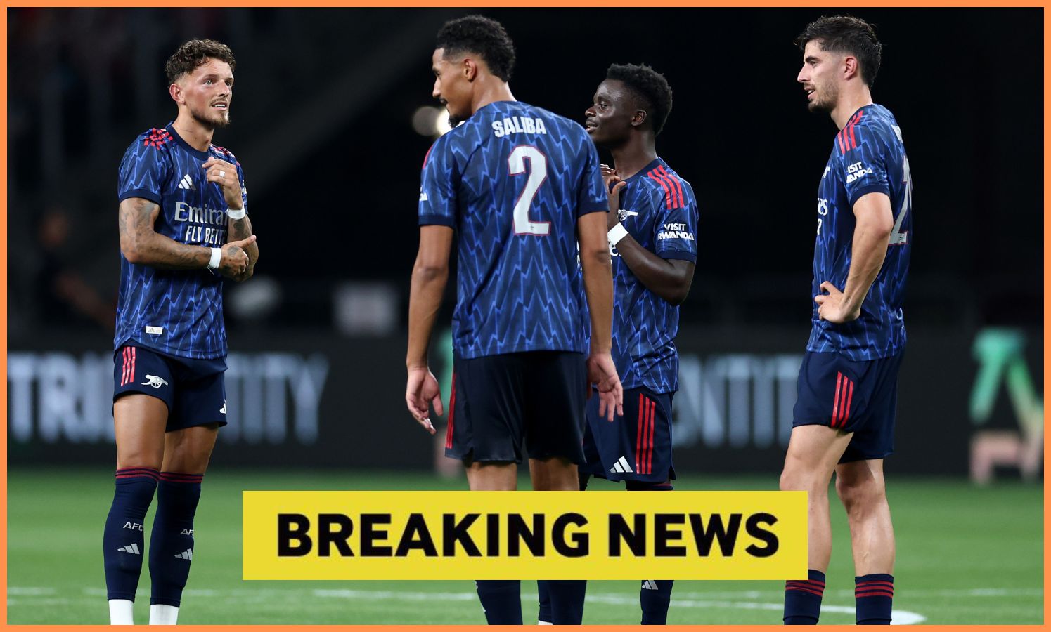 William Saliba and his Arsenal teammates plus yellow breaking news banner