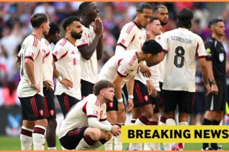 Harvey Elliott and his Liverpool teammates react to the penalty shoot-out defeat vs Crystal Palace