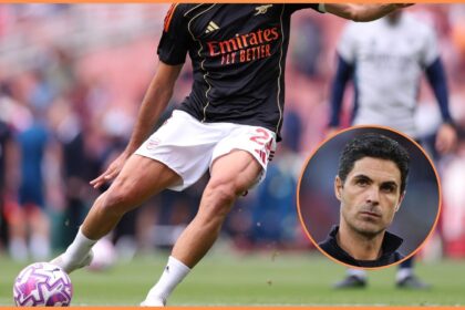 Mikel Merino warming up, and Arsenal manager Mikel Arteta
