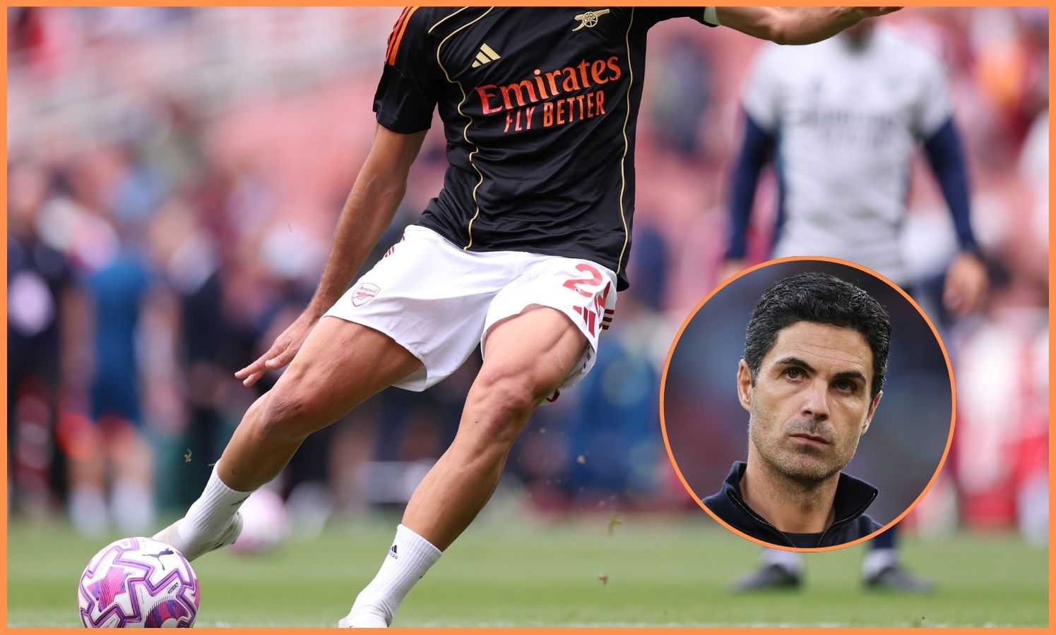 Mikel Merino warming up, and Arsenal manager Mikel Arteta