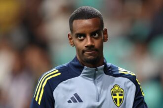 Alexander Isak of Sweden looks on during the warm up