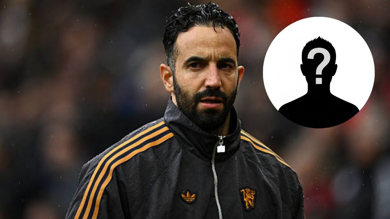Manchester United manager Ruben Amorim with overlay of mystery player