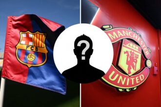 Split image of Barcelona flag and Manchester United badge with overlay of mystery player