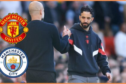 Ruben Amorim, Manager of Manchester United, embraces with Pep Guardiola, Manager of Manchester City