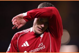 Florian Wirtz reacts during Liverpool vs Atletico Madrid