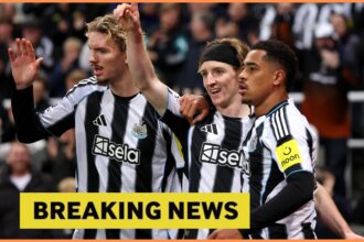 Nick Woltemade celebrates with his Newcastle United teammates